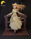 Sculptor's render of the painted design (kit ships unpainted): front view of the laughing wolf-eared girl in a long yellow dress, leaning back on a wooden fence rail on a plank floor, her hair and tail blowing to one side