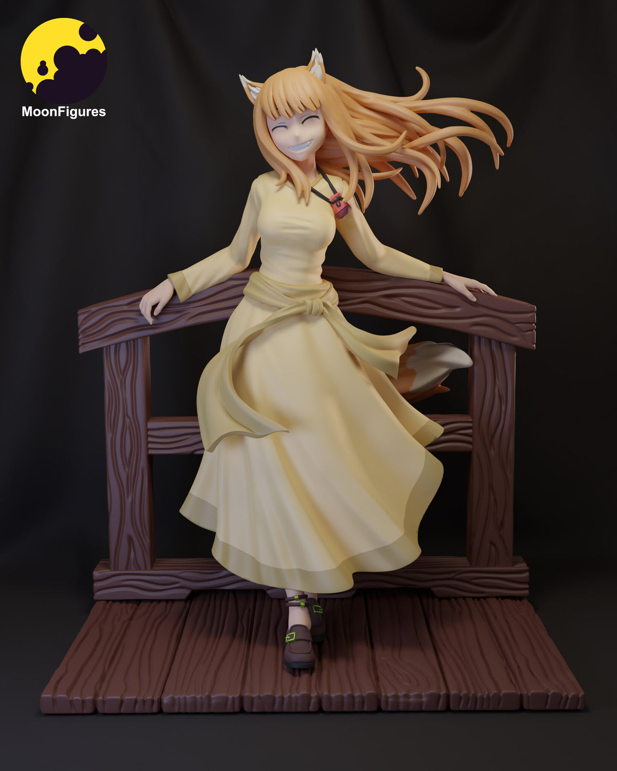 Sculptor's render of the painted design (kit ships unpainted): front view of the laughing wolf-eared girl in a long yellow dress, leaning back on a wooden fence rail on a plank floor, her hair and tail blowing to one side