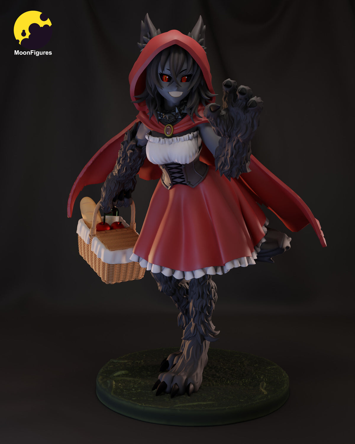 Sculptor's render of the painted design (kit ships unpainted): front view of the wolf monster girl in a red hooded cape and red dress, waving one clawed paw and holding a picnic basket, on a round grassy base
