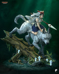 Sculptor's render of the painted design (kit ships unpainted): front three-quarter view of the girl in a wolf-pelt hood crouched on a leaping white wolf, spear in hand, above a mossy fallen tree with small white tree spirits