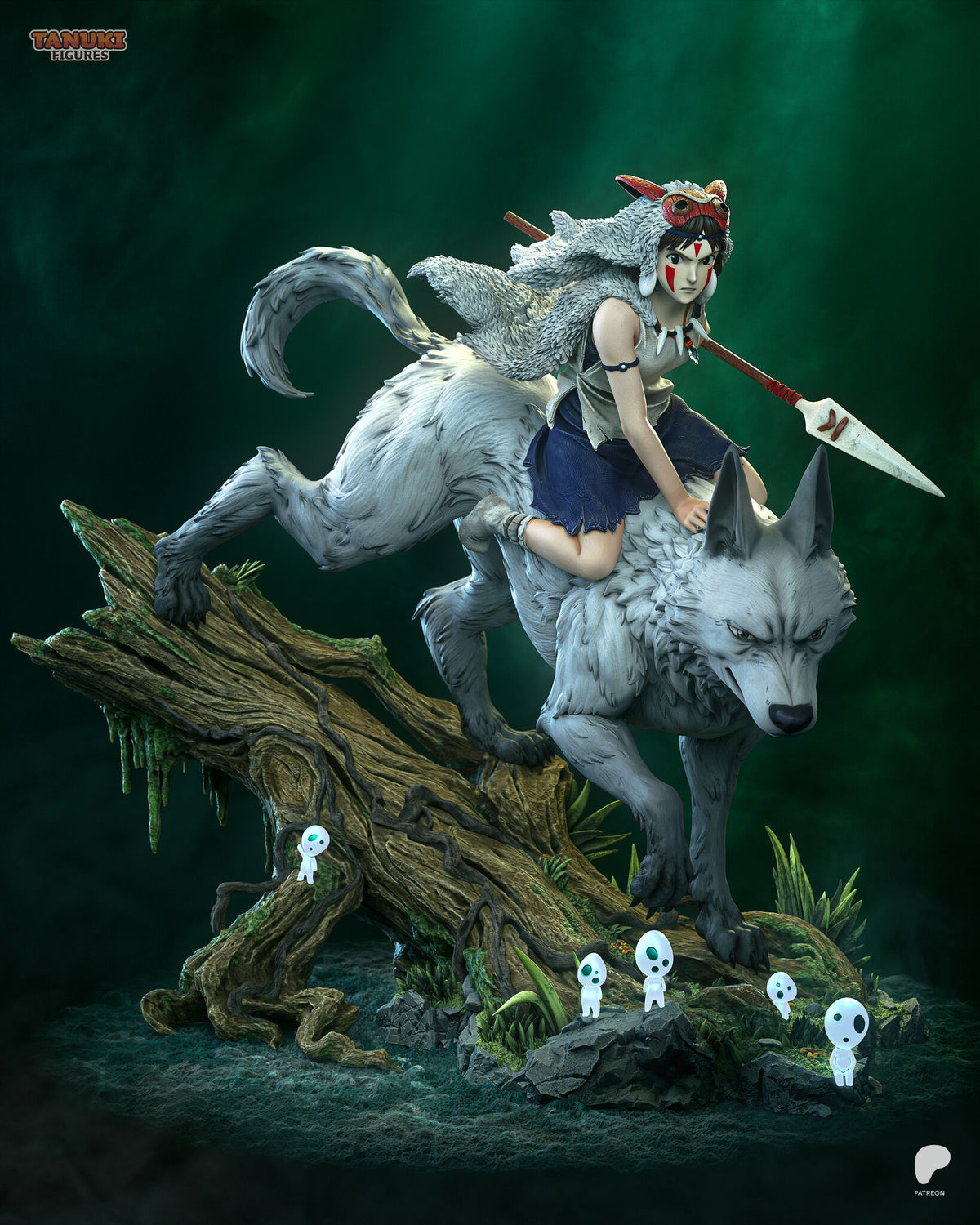 Sculptor's render of the painted design (kit ships unpainted): front three-quarter view of the girl in a wolf-pelt hood crouched on a leaping white wolf, spear in hand, above a mossy fallen tree with small white tree spirits