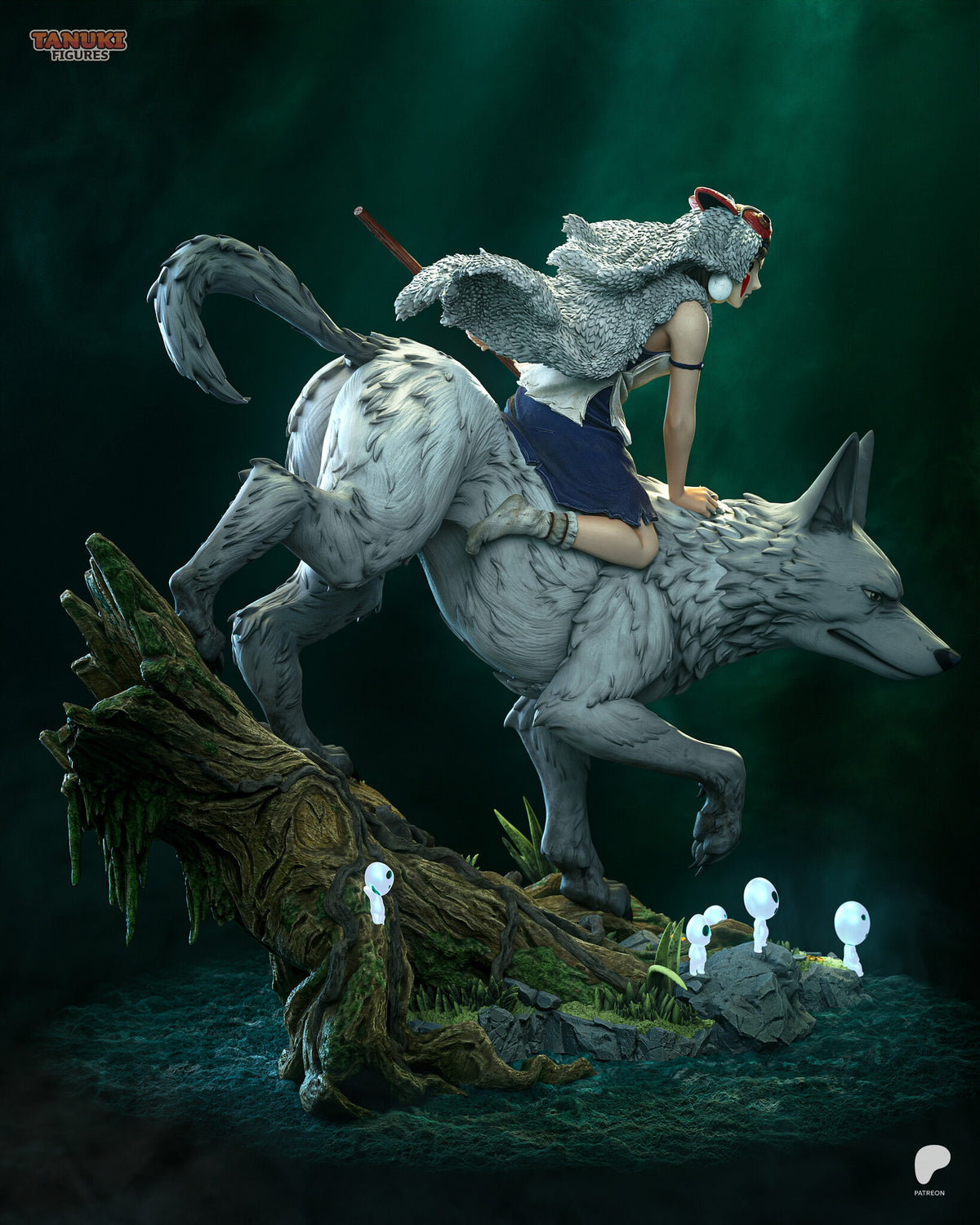 Sculptor's render (kit ships unpainted): side view of the whole scene, the wolf's tail curled up behind the rider and the roots of the fallen tree
