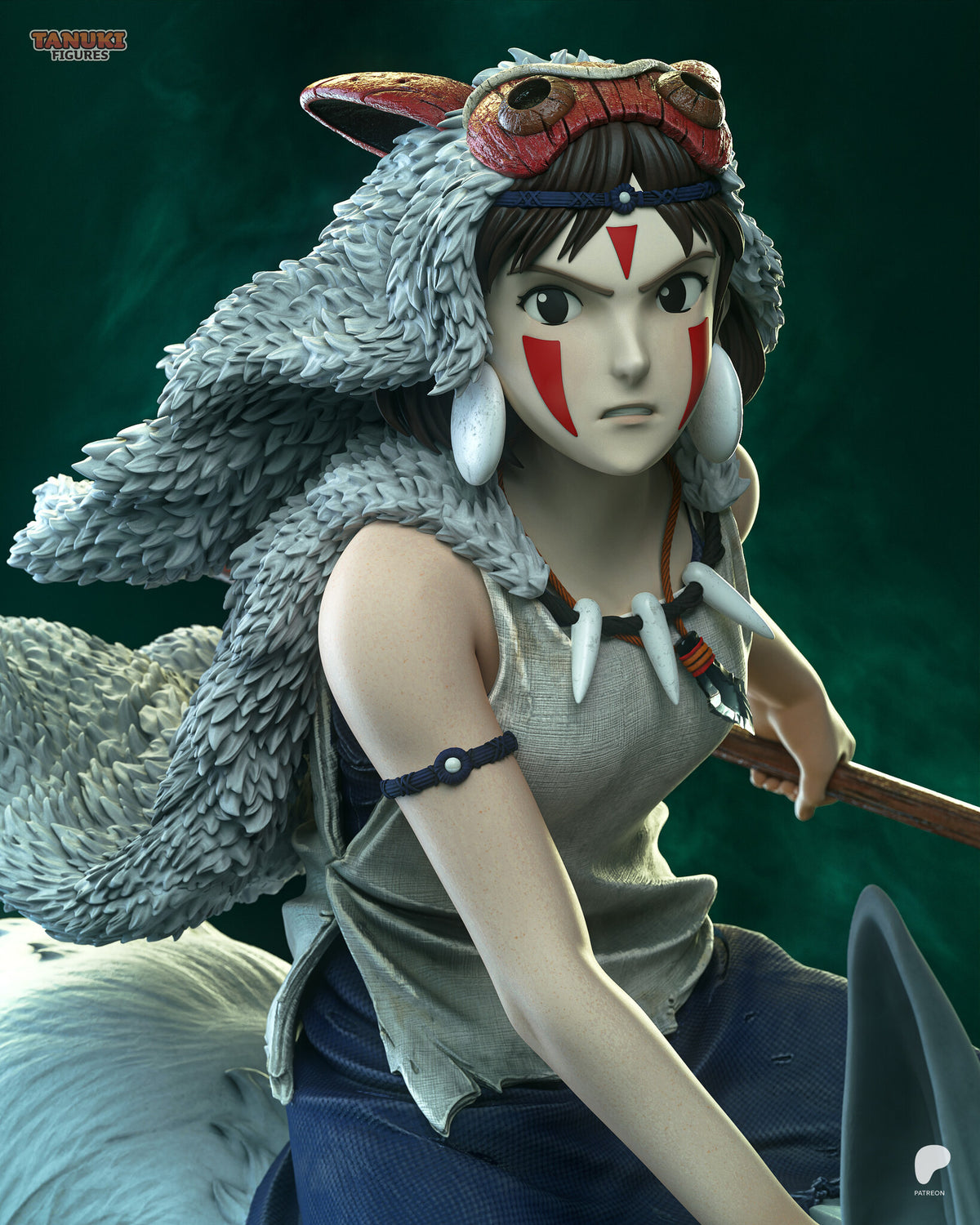 Sculptor's render (kit ships unpainted): close view of the rider's face with red face paint, the red mask pushed up on her head and the fang necklace