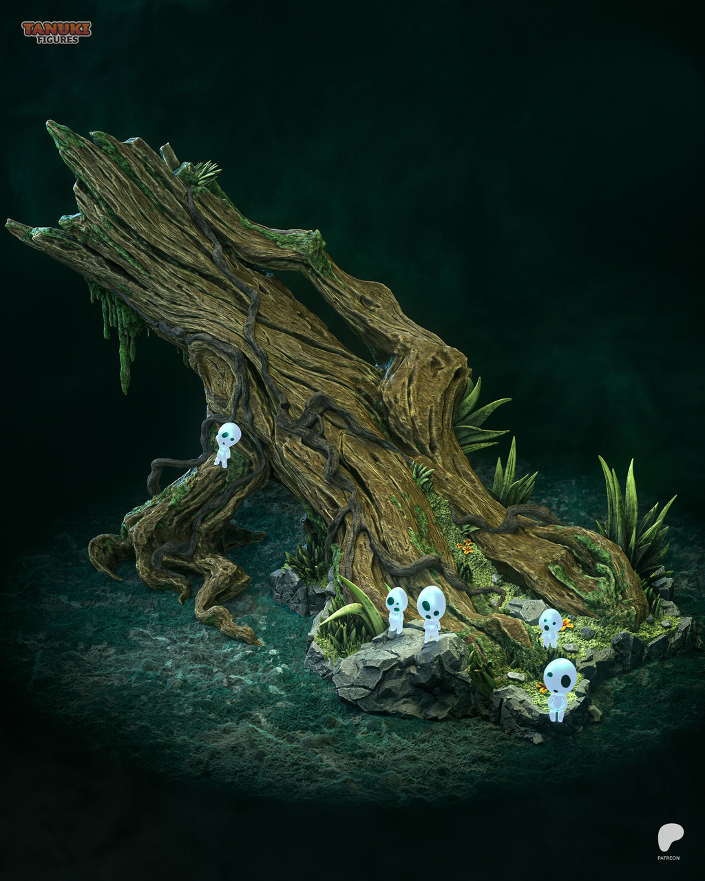 Sculptor's render (kit ships unpainted): the base on its own, the fallen tree with moss, plants, the rock slab and the five tree spirits