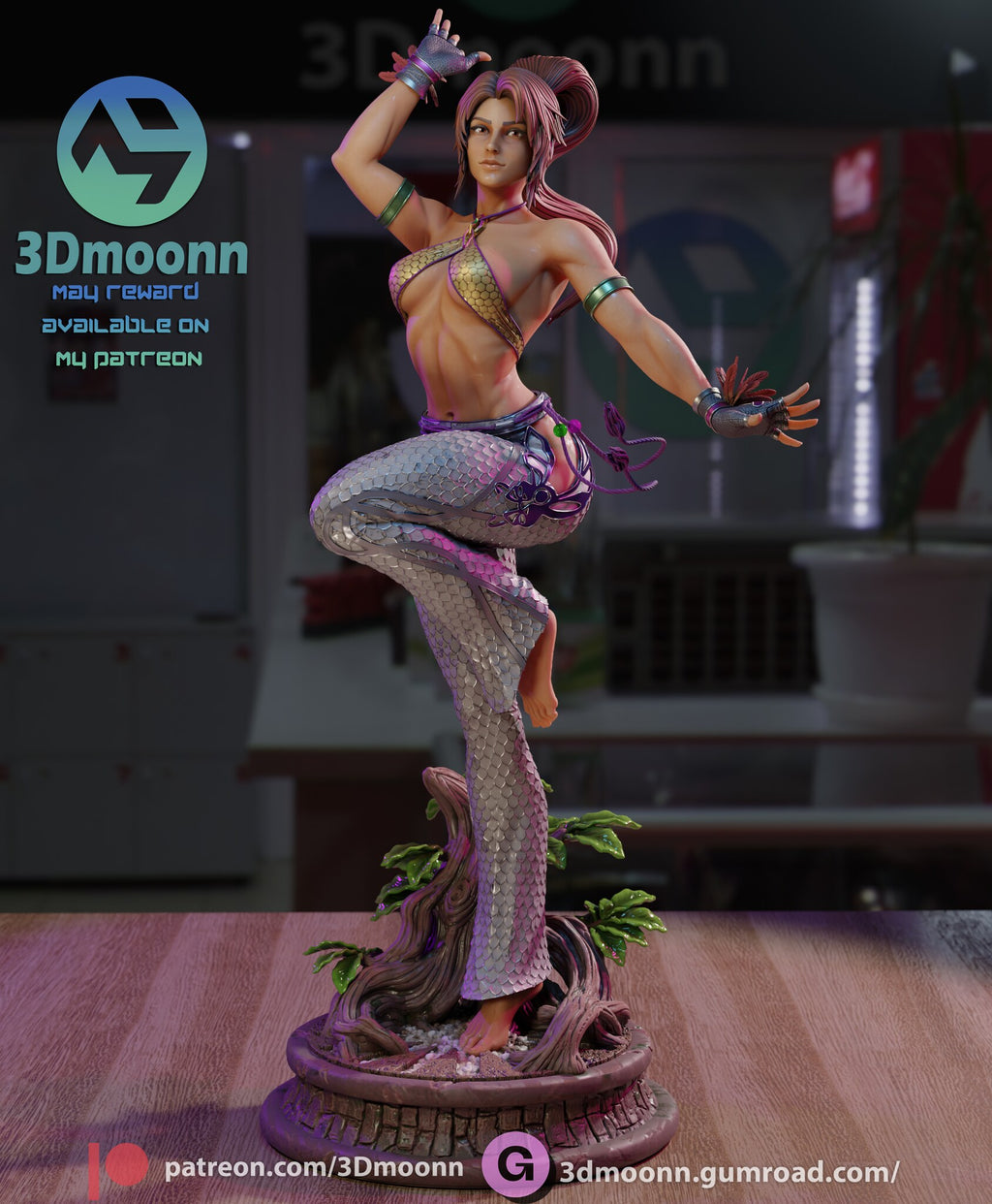 Sculptor's render of the painted design (kit ships unpainted): front view of the figure balanced on one foot on the planter base