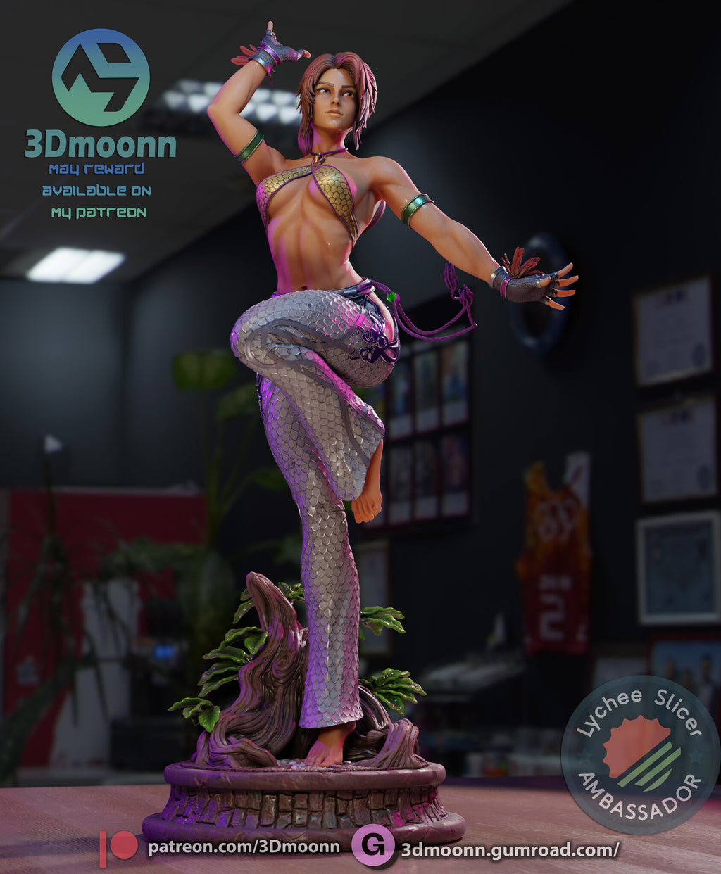 Sculptor's render (kit ships unpainted): low front view, looking toward her outstretched hand