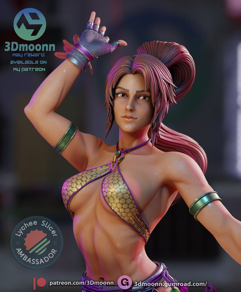 Sculptor's render (kit ships unpainted): close-up of the face, gloves and gold halter top