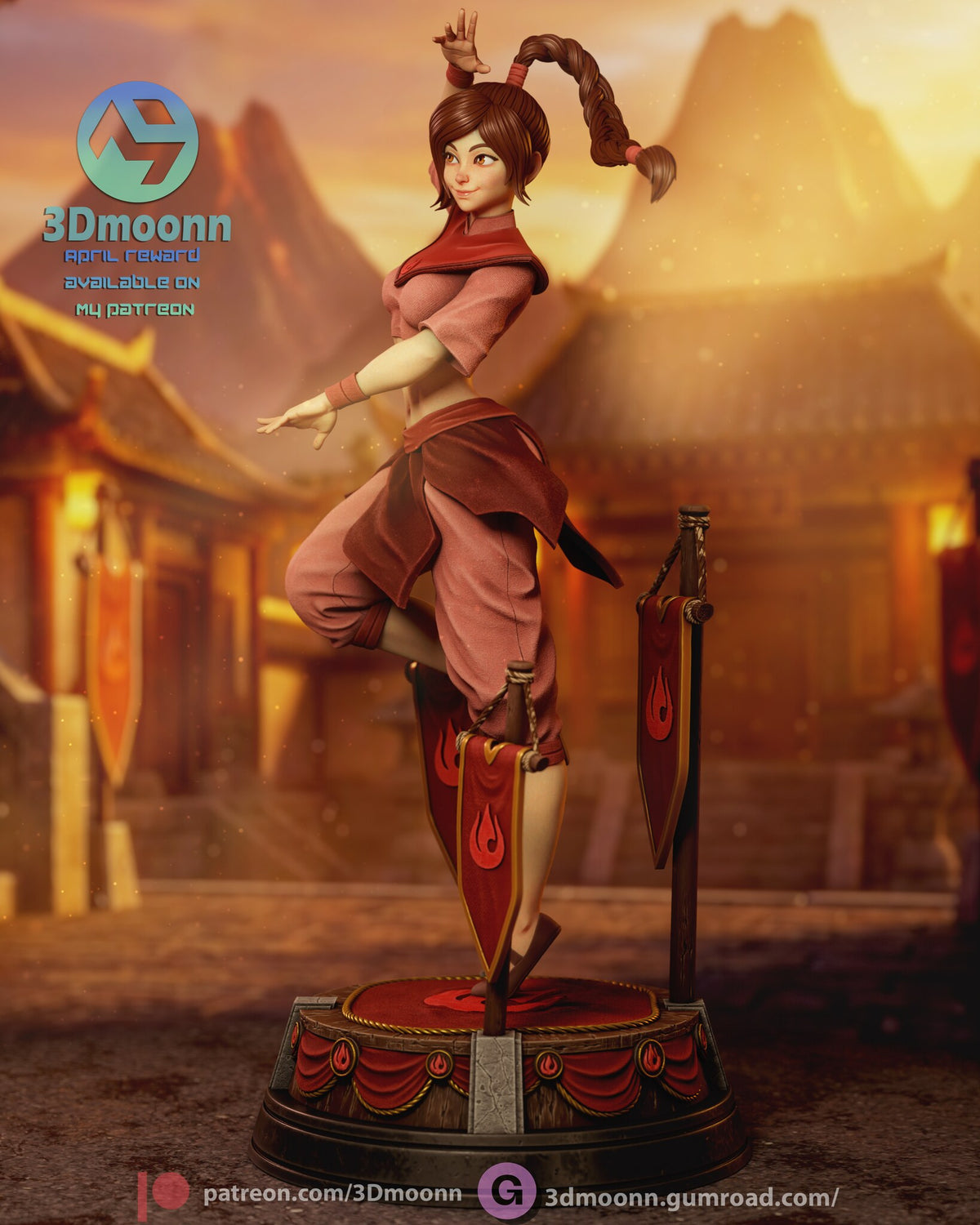 Sculptor's render (kit ships unpainted): side full view showing the raised leg folded behind her and the braid trailing