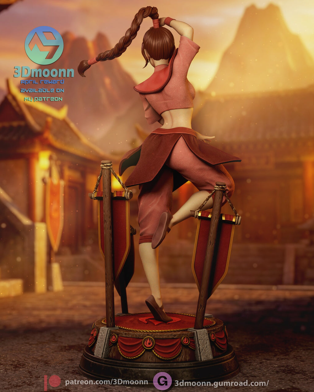 Sculptor's render (kit ships unpainted): back full view with the braid arcing over her raised arm, the sash tails and the third pennant