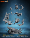 Studio scale and parts sheet (kit ships unpainted): the scene broken into its nine parts in gray, the same breakdown as the miniature, with the studio's sizes for the 1:10 semi-split version and for the miniature, 87 mm tall
