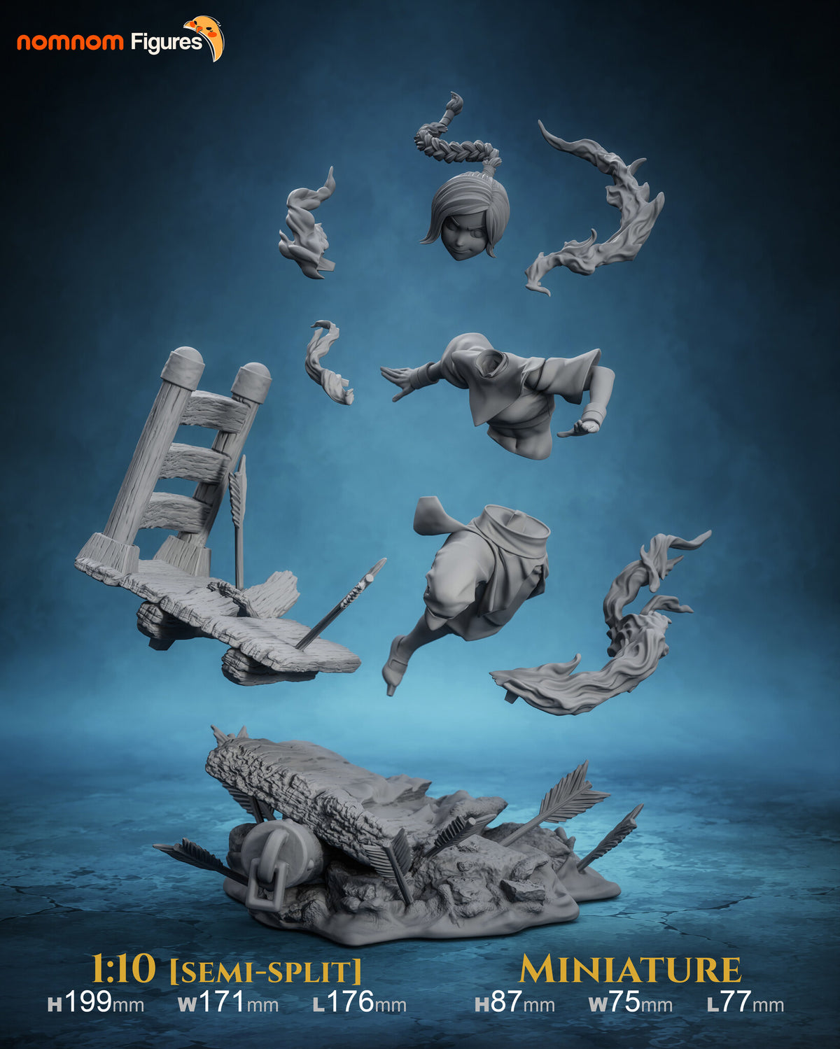 Studio scale and parts sheet (kit ships unpainted): the scene broken into its nine parts in gray, the same breakdown as the miniature, with the studio's sizes for the 1:10 semi-split version and for the miniature, 87 mm tall