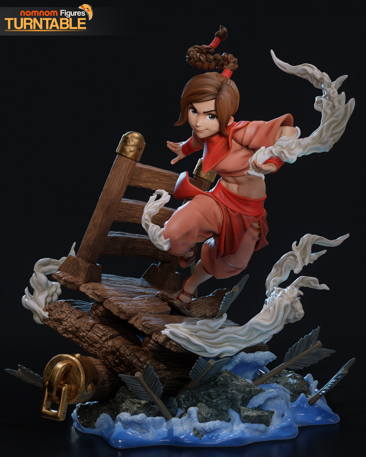 Sculptor's render of the painted design (kit ships unpainted): front three-quarter view of the acrobat leaping off the collapsing bridge, white energy swirls around her. The miniature is the same sculpt at 87 mm tall.