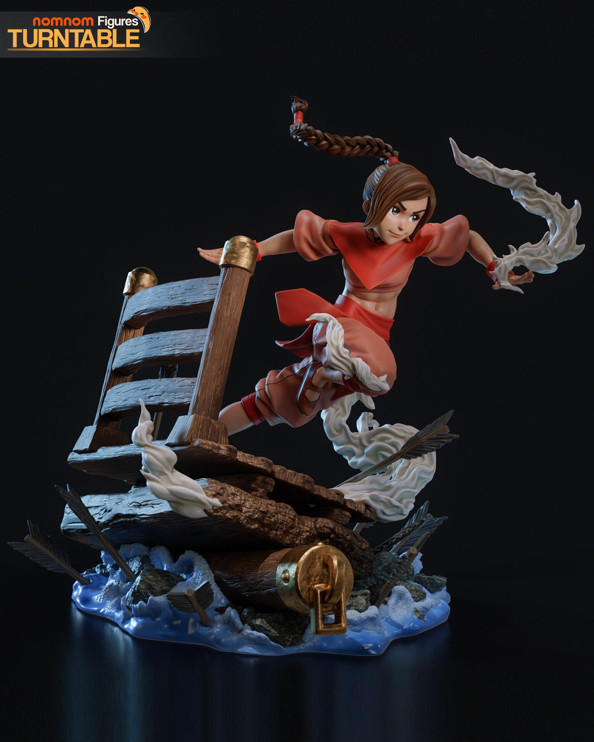 Sculptor's render of the painted design (kit ships unpainted): front view from the other side, the fence behind her and the fallen log with its brass ring. The miniature is the same sculpt at 87 mm tall.