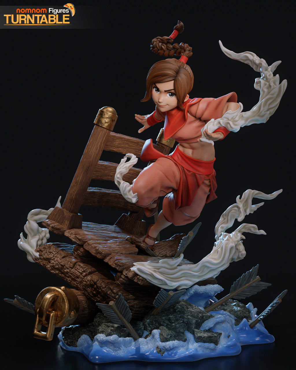 Sculptor's render of the painted design (kit ships unpainted): front three-quarter view of the acrobat leaping off a leaning wooden bridge, a white energy swirl trailing from her hand, arrows and water below