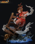 Sculptor's render of the painted design (kit ships unpainted): front three-quarter view of the acrobat leaping off a leaning wooden bridge, a white energy swirl trailing from her hand, arrows and water below