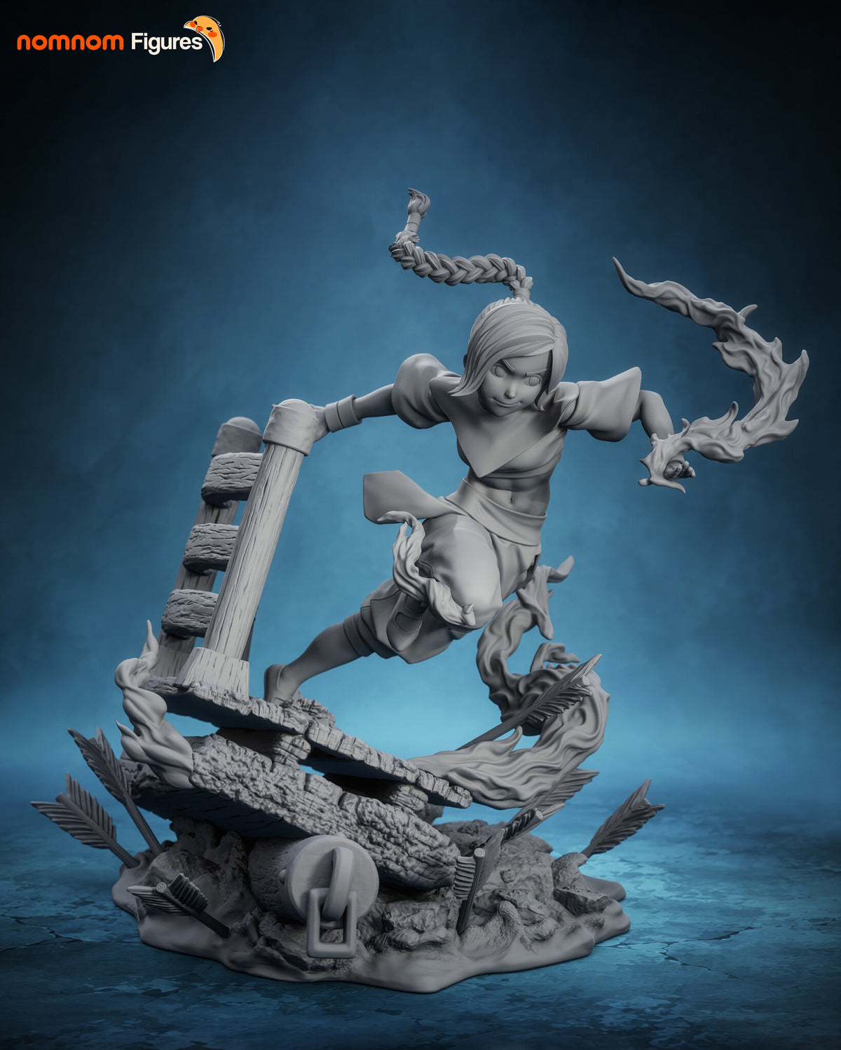 Sculptor's render, shown in gray (kit ships unpainted): front view with her hand reaching for the fence post