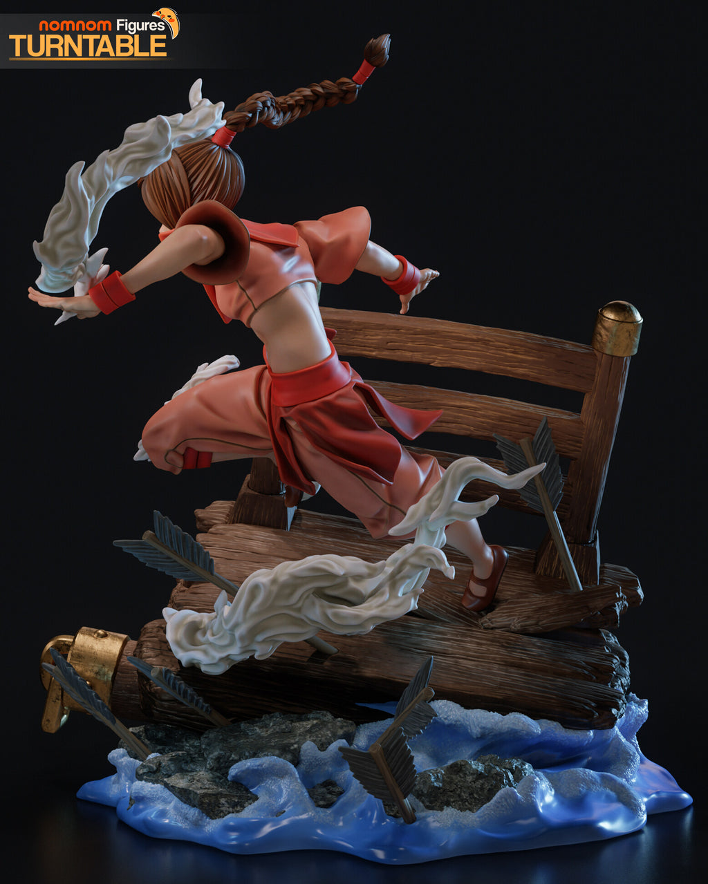 Sculptor's render (kit ships unpainted): rear three-quarter view with the braid thrown up and a swirl curling around her raised leg