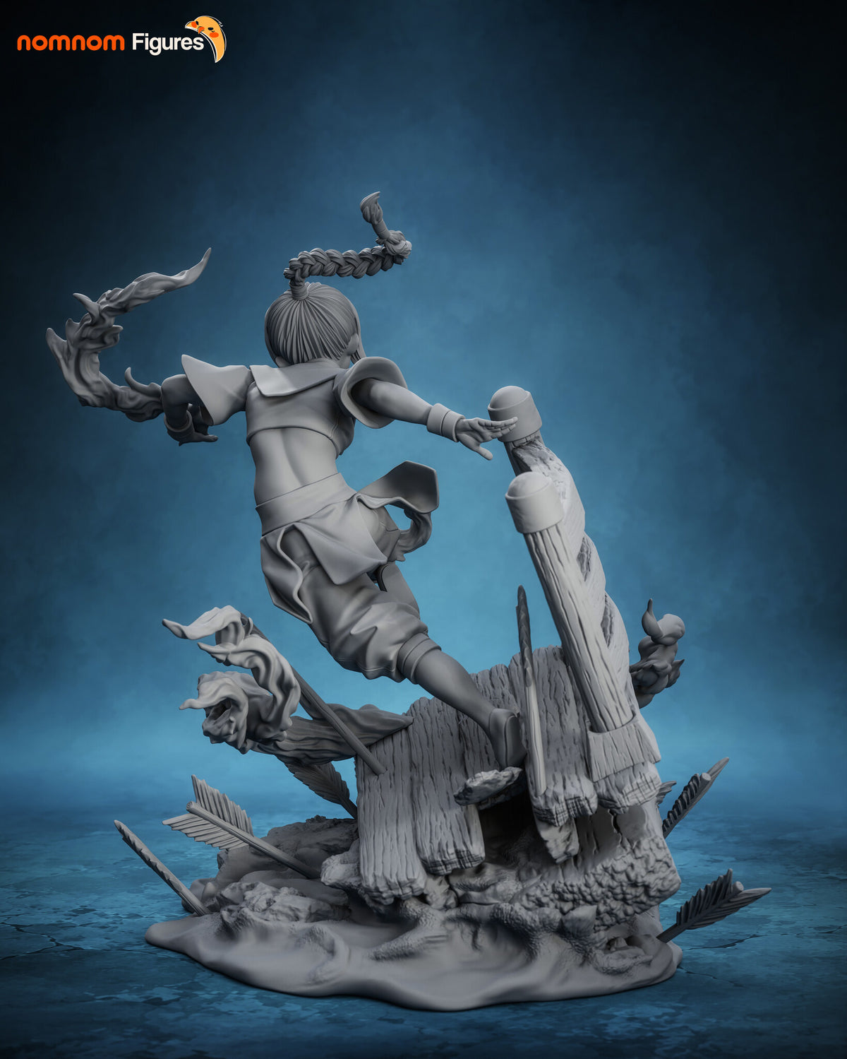 Sculptor's render, shown in gray (kit ships unpainted): rear view of the figure reaching for the tall post, with the underside of the deck