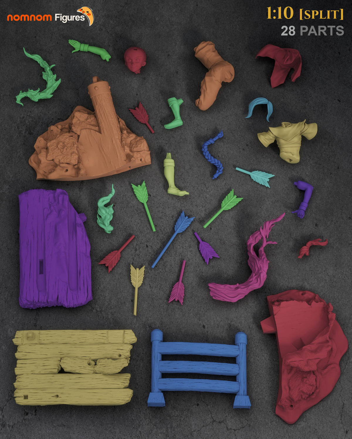 Studio scale and parts sheet (kit ships unpainted): the parts of the 1:10 split version laid out, each in a different color, with one version of the largest swirl