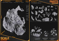 Studio scale and parts sheet (kit ships unpainted): the studio's sizes for each version, including the miniature (75 mm tall, 71 mm wide, 74 mm long), with the miniature's parts shown at the bottom