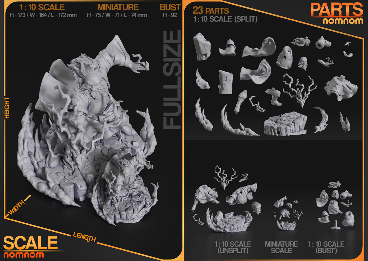 Studio scale and parts sheet (kit ships unpainted): the studio's sizes for each version, including the miniature (75 mm tall, 71 mm wide, 74 mm long), with the miniature's parts shown at the bottom