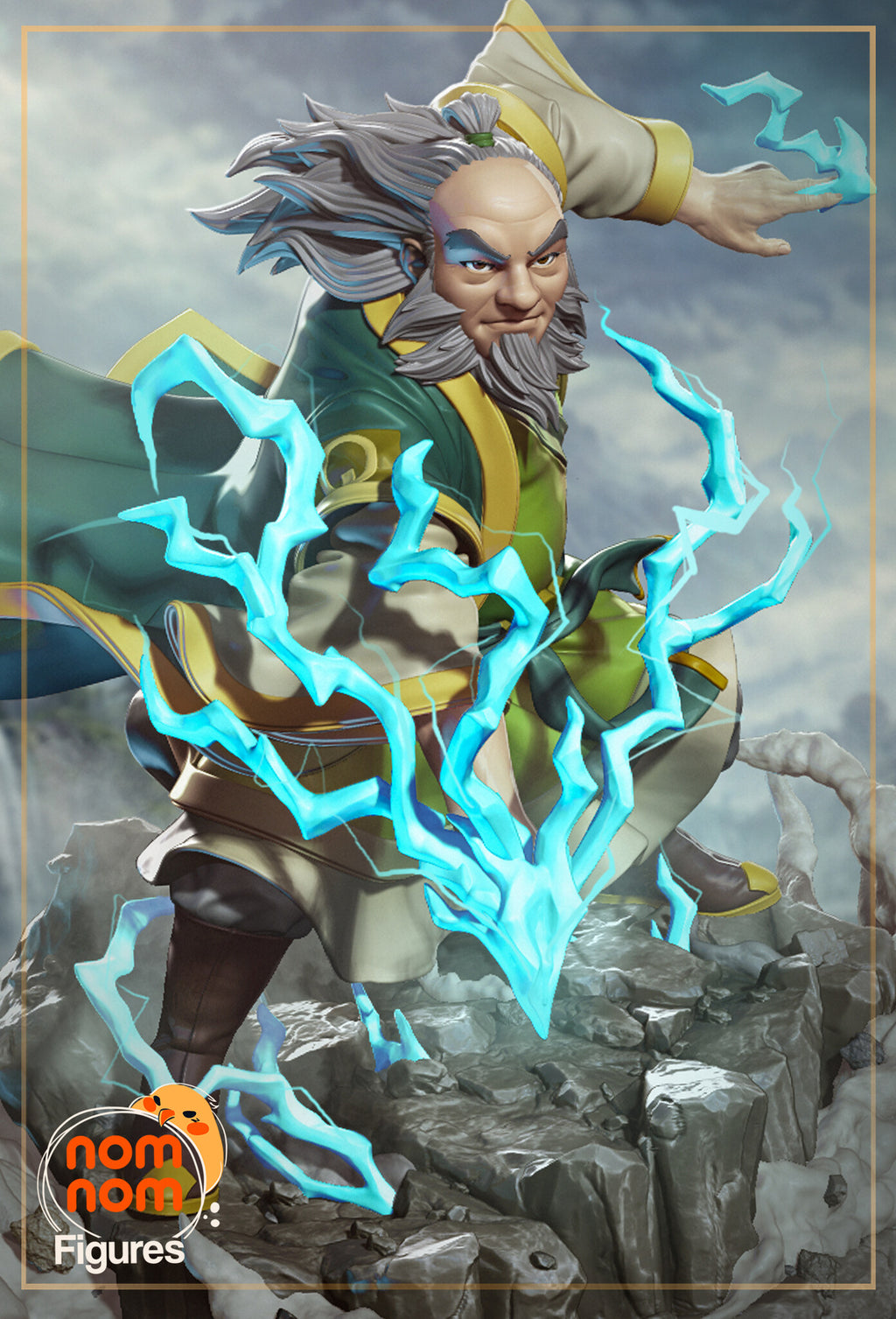 Sculptor's render of the painted design (kit ships unpainted): the miniature is the same sculpt at 75 mm tall; painted view with glowing blue lightning against a stormy mountain sky
