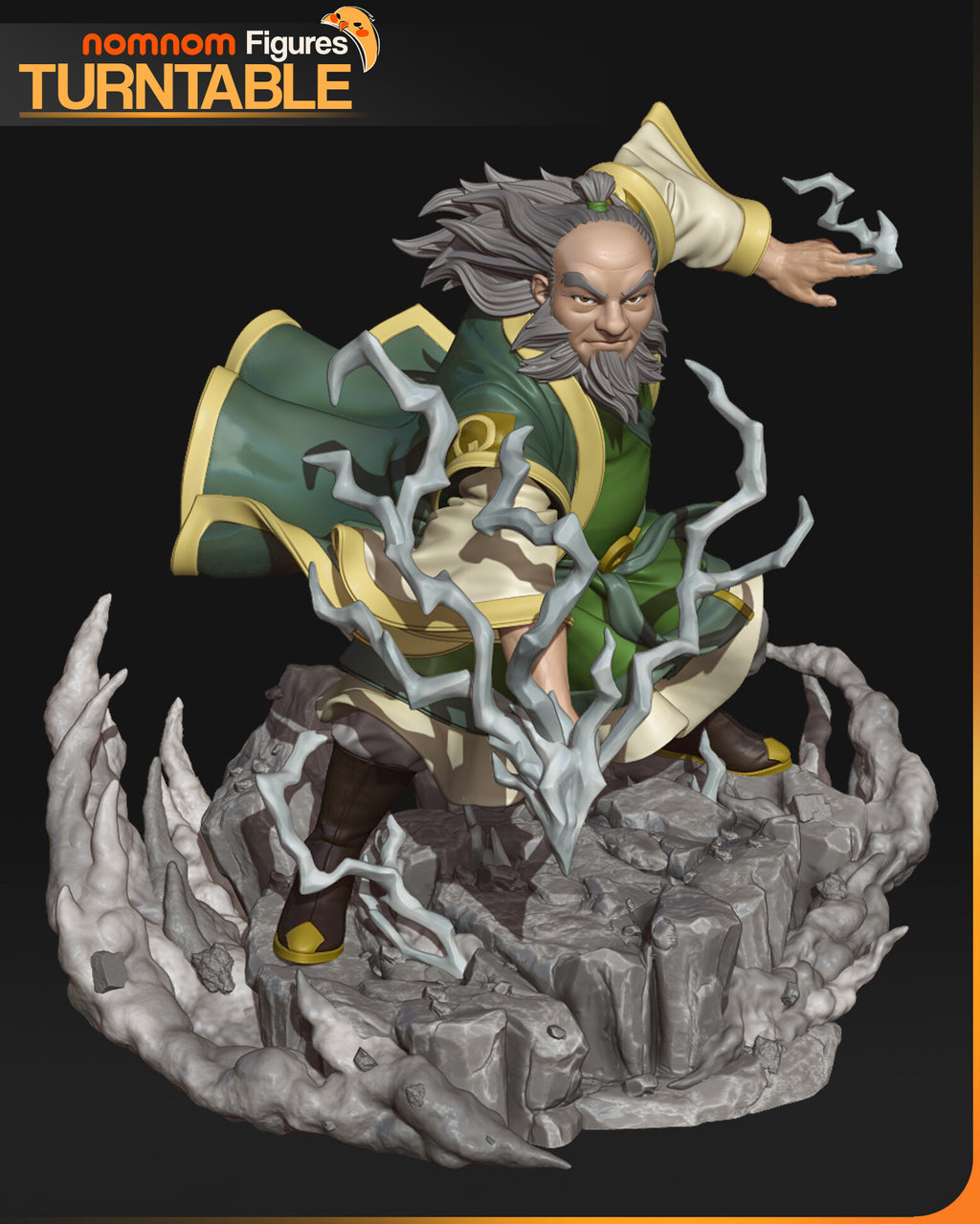 Sculptor's render of the painted design (kit ships unpainted): front view of the bearded old general crouched in a wide stance, lightning pouring from his lower hand and branching around him, on the cloud-ringed rock base