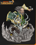 Sculptor's render of the painted design (kit ships unpainted): front view of the bearded old general crouched in a wide stance, lightning pouring from his lower hand and branching around him, on the cloud-ringed rock base