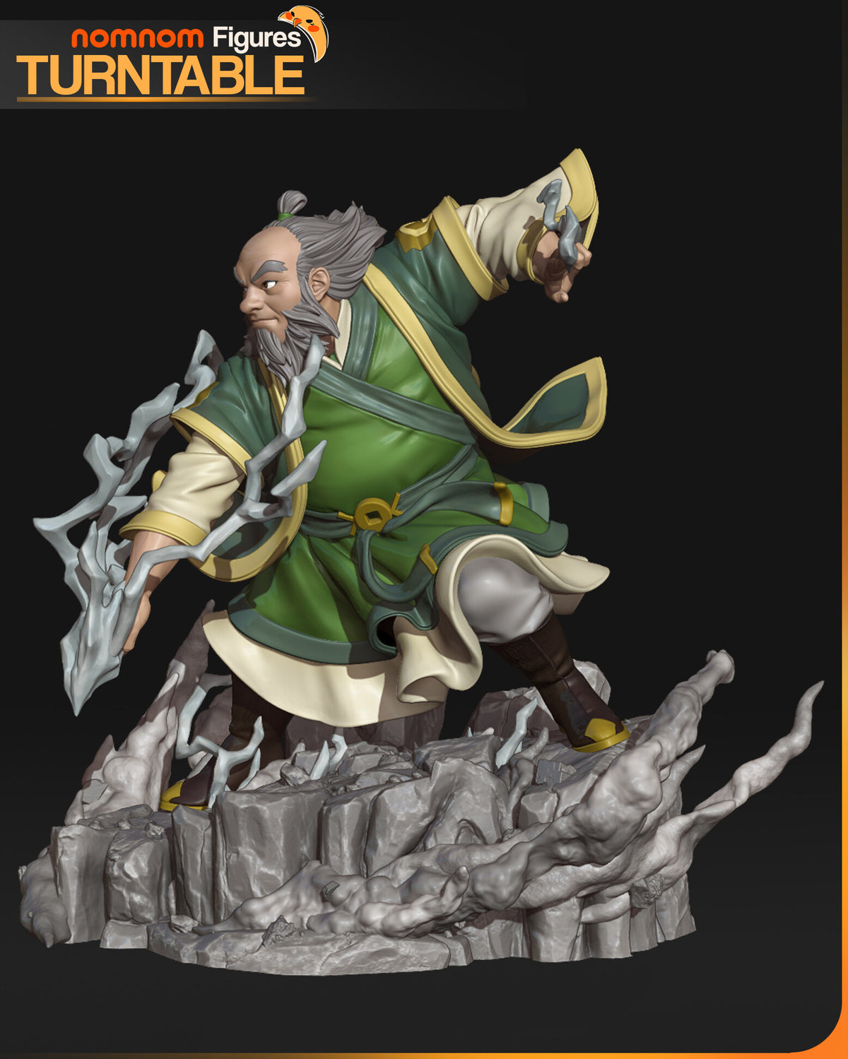 Sculptor's render (kit ships unpainted): side view with the lightning stream held out to one side and the gold buckle plate on the sash