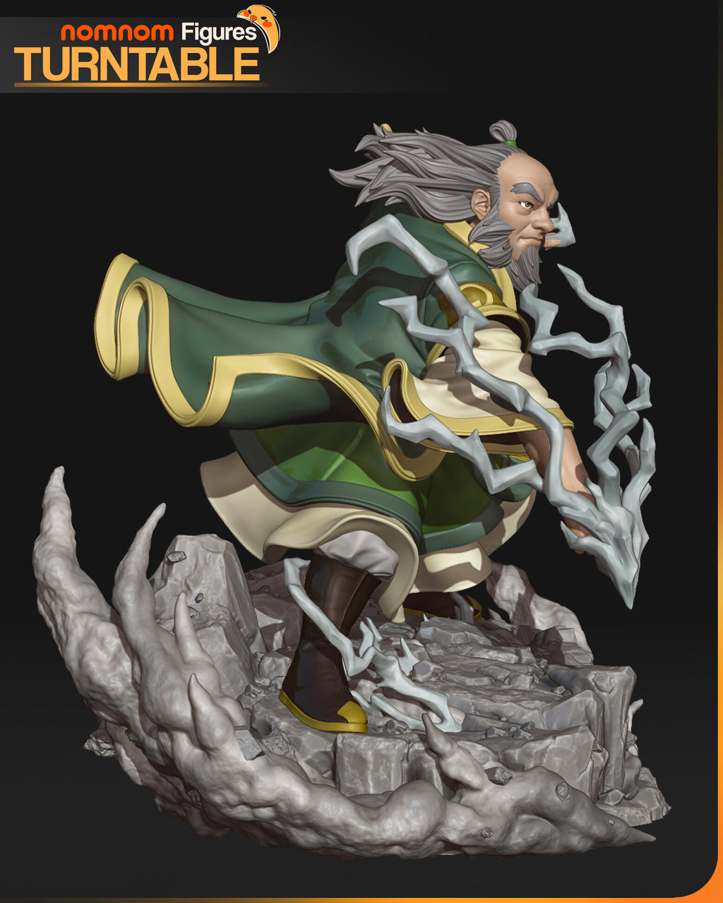 Sculptor's render (kit ships unpainted): side view from the other side, the green sleeve flaring behind him and lightning branching in front