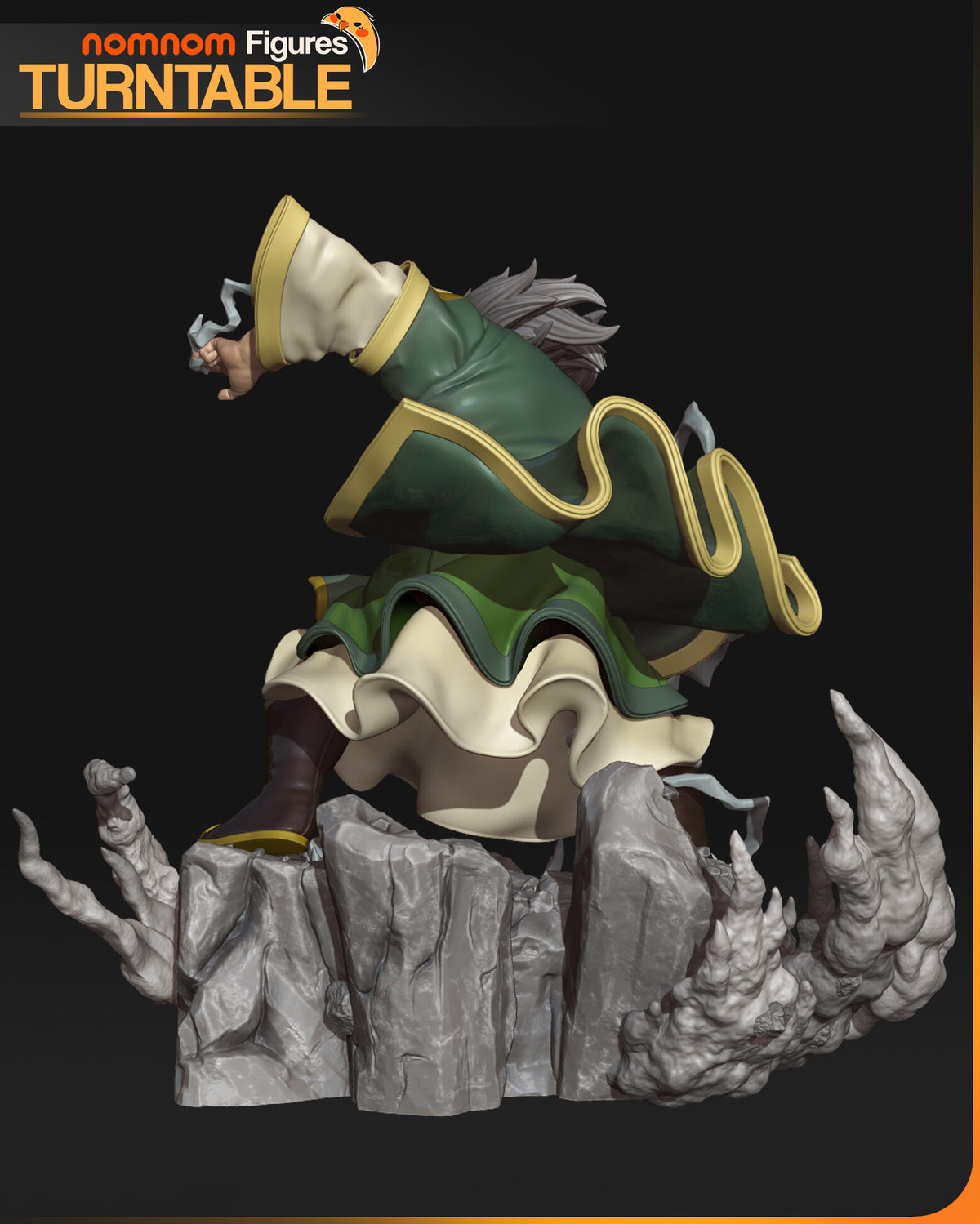 Sculptor's render (kit ships unpainted): rear view of the flared green sleeve, the layered cream hem and the rock base