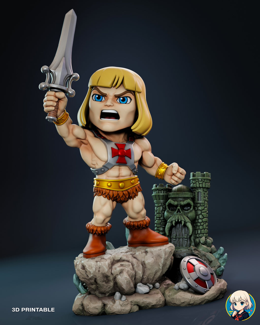 Sculptor's render of the painted design (kit ships unpainted): front view of the whole statue, the blond barbarian with his sword raised on the rock base beside the skull-faced castle and the round shield