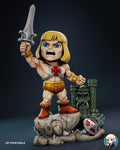Sculptor's render of the painted design (kit ships unpainted): front view of the whole statue, the blond barbarian with his sword raised on the rock base beside the skull-faced castle and the round shield