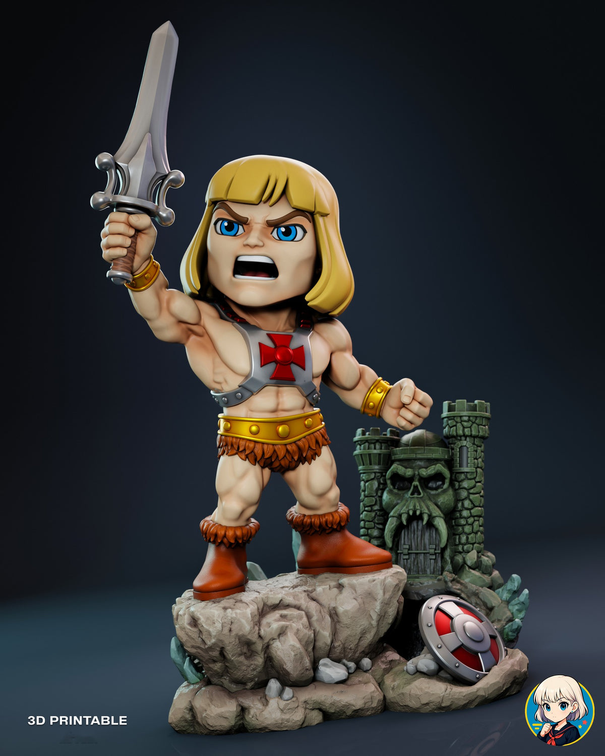 Sculptor's render of the painted design (kit ships unpainted): front view of the whole statue, the blond barbarian with his sword raised on the rock base beside the skull-faced castle and the round shield