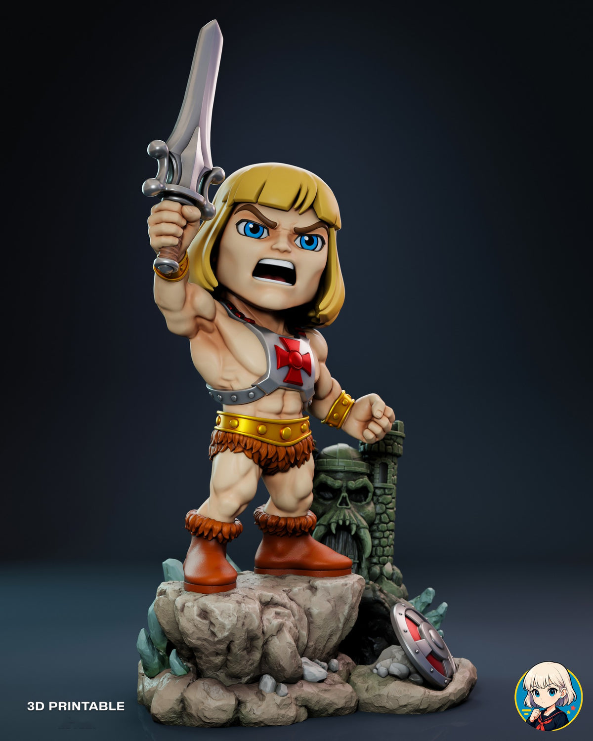 Sculptor's render (kit ships unpainted): straight-on front view of the figure shouting with his fist clenched, the castle behind his shoulder