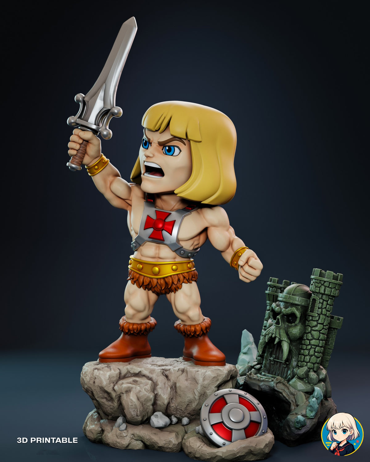 Sculptor's render (kit ships unpainted): three-quarter view from his left with the castle in profile and the shield leaning on the rock