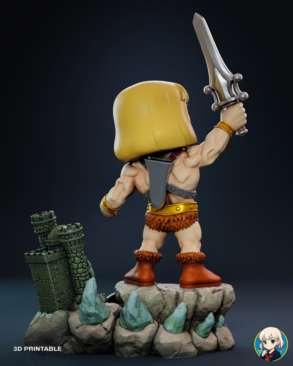 Sculptor's render (kit ships unpainted): rear three-quarter view showing the back of the hair, the sheath on his back, the castle's brick walls and the teal crystals