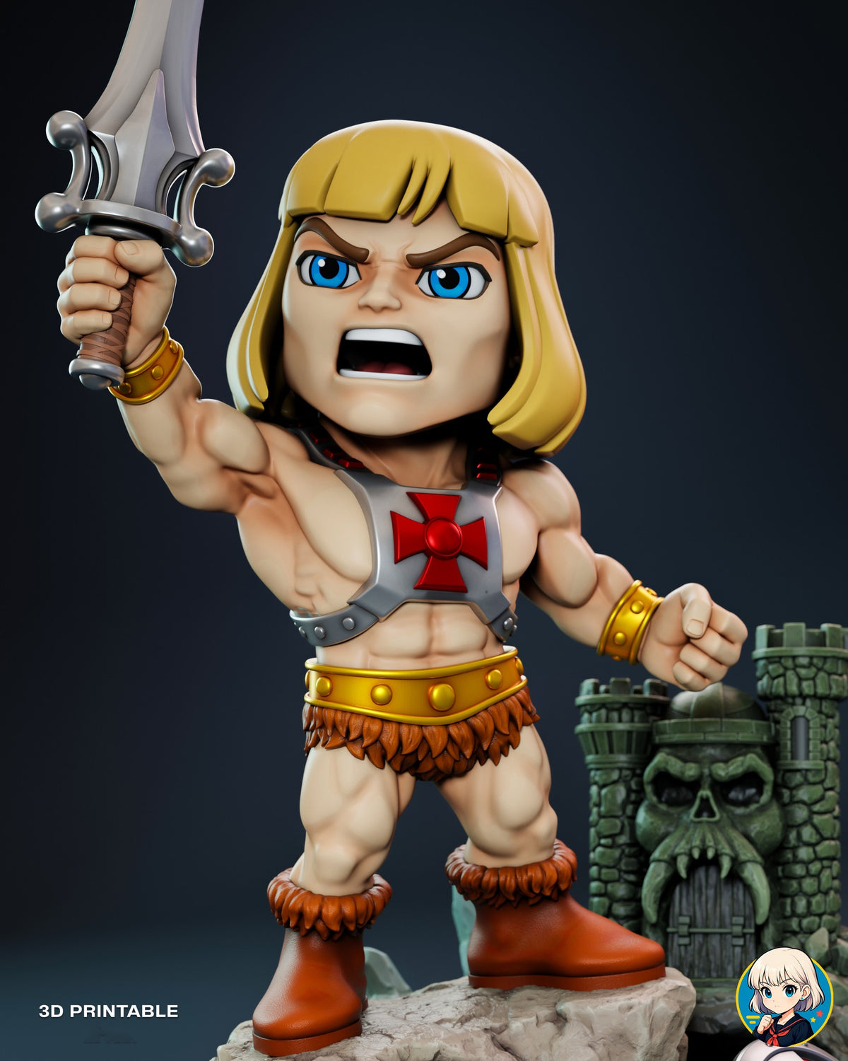Sculptor's render (kit ships unpainted): close front view from the sword guard down to the boots, with the fur loincloth, boot cuffs and the castle door