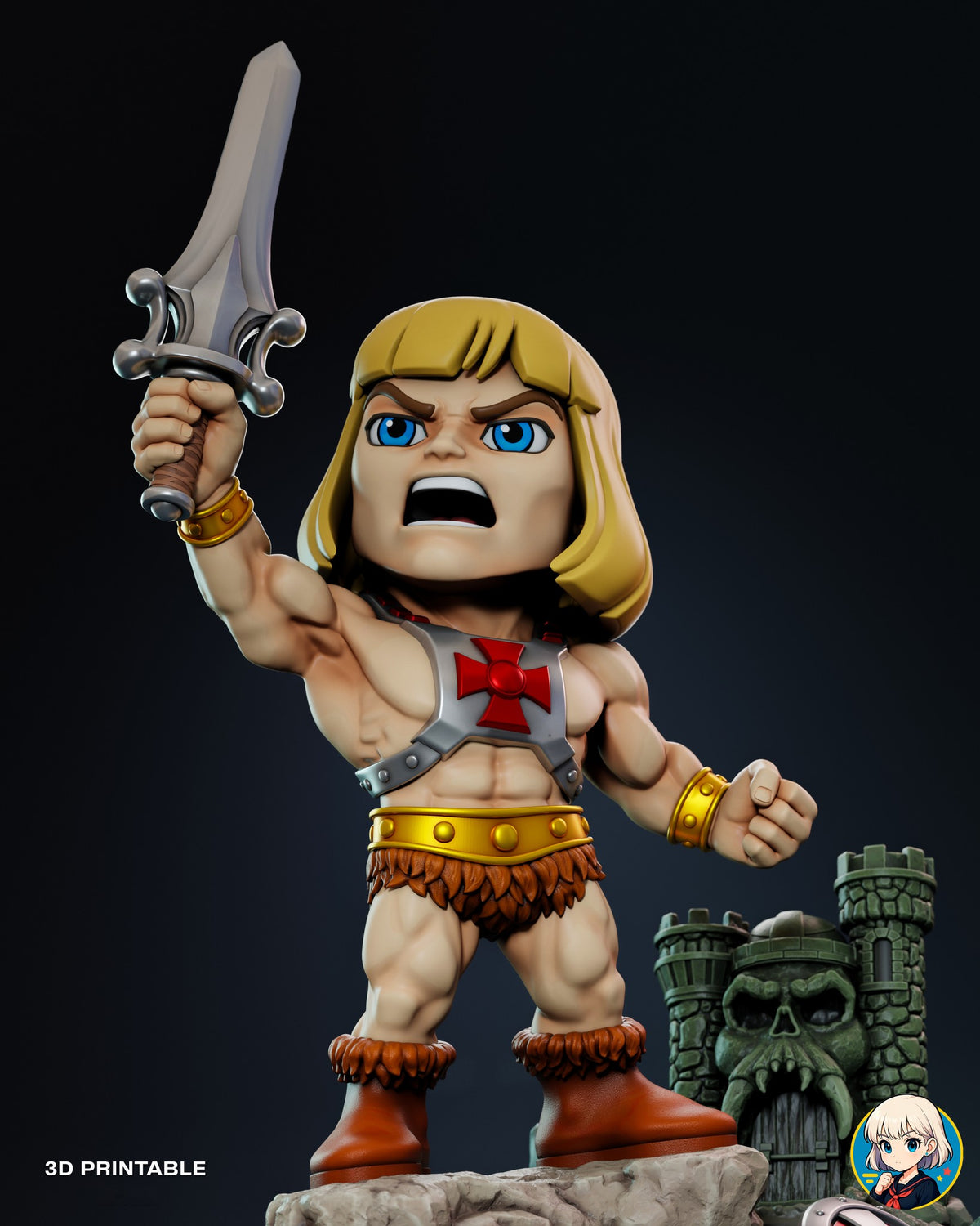 Sculptor's render (kit ships unpainted): front view of the figure against a dark backdrop with the castle behind him
