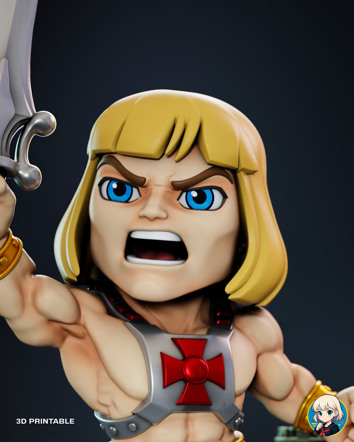 Sculptor's render (kit ships unpainted): close-up of the shouting face under the blond fringe, with the red cross on the steel harness