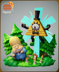 Sculptor's render of the painted design (kit ships unpainted): the one-eyed triangle in a top hat floating before a cyan light burst while a boy in a blue suit backs away, on a candlelit forest base