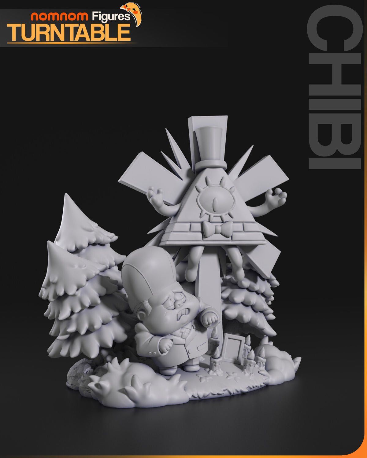 Sculptor's render (kit ships unpainted): unpainted gray view from the left with a pine pair in front
