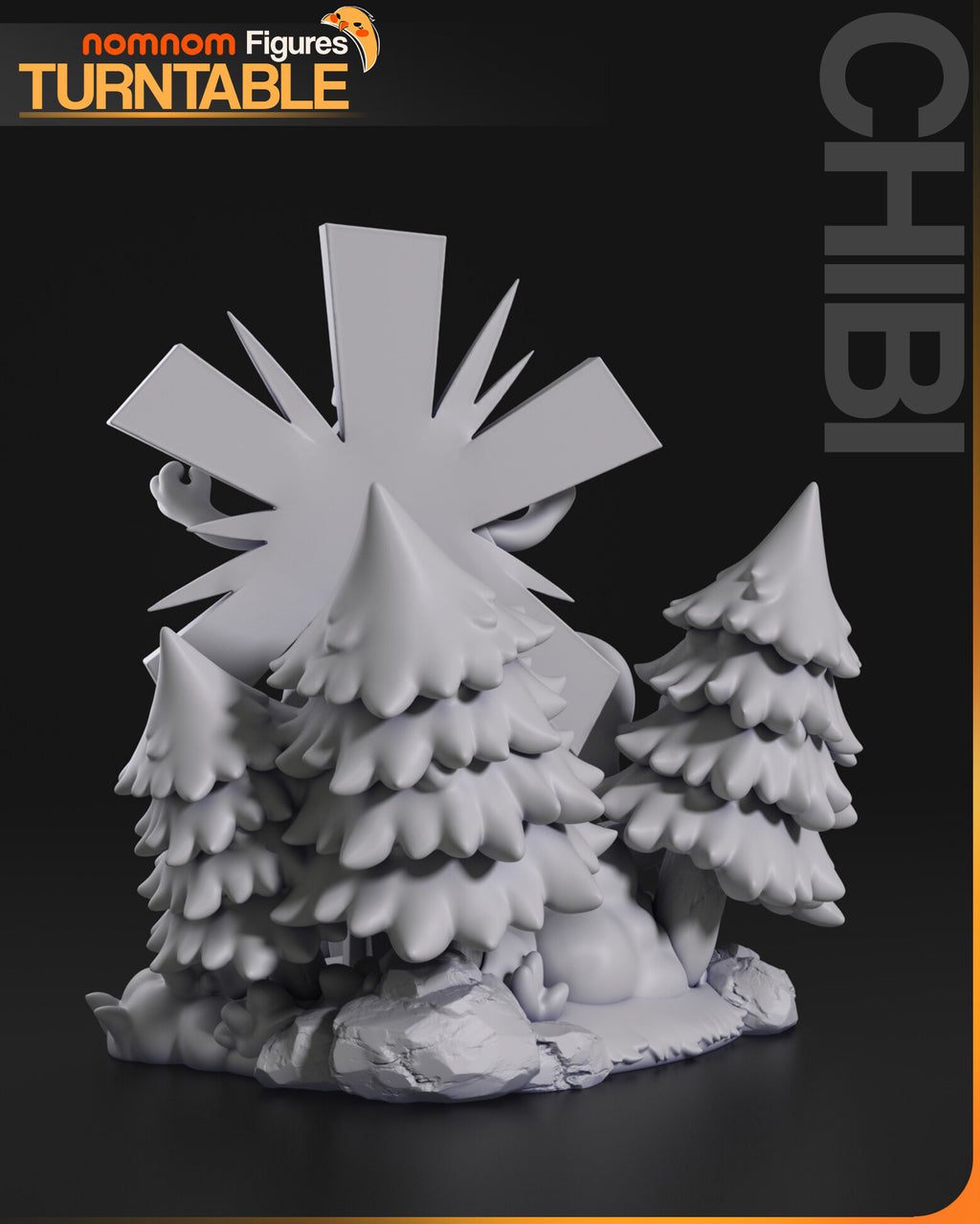Sculptor's render (kit ships unpainted): unpainted gray rear view of the four pine trees and the flat back of the light burst