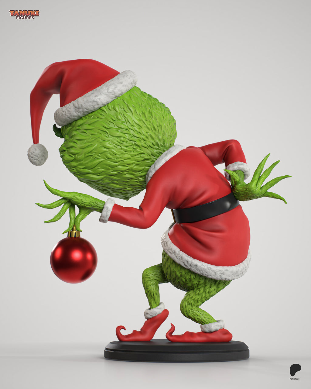 Sculptor's render (kit ships unpainted): rear view of the furry head under the Santa hat, the black belt and the hand spread behind his back