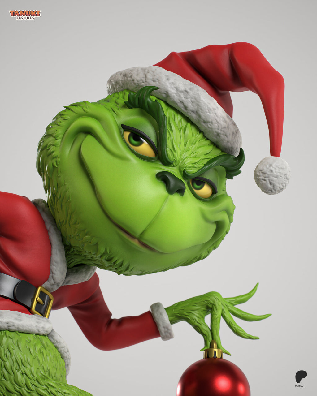 Sculptor's render (kit ships unpainted): close-up of the smirking face, the dark green eyebrows and the hand pinching the bauble by its gold cap