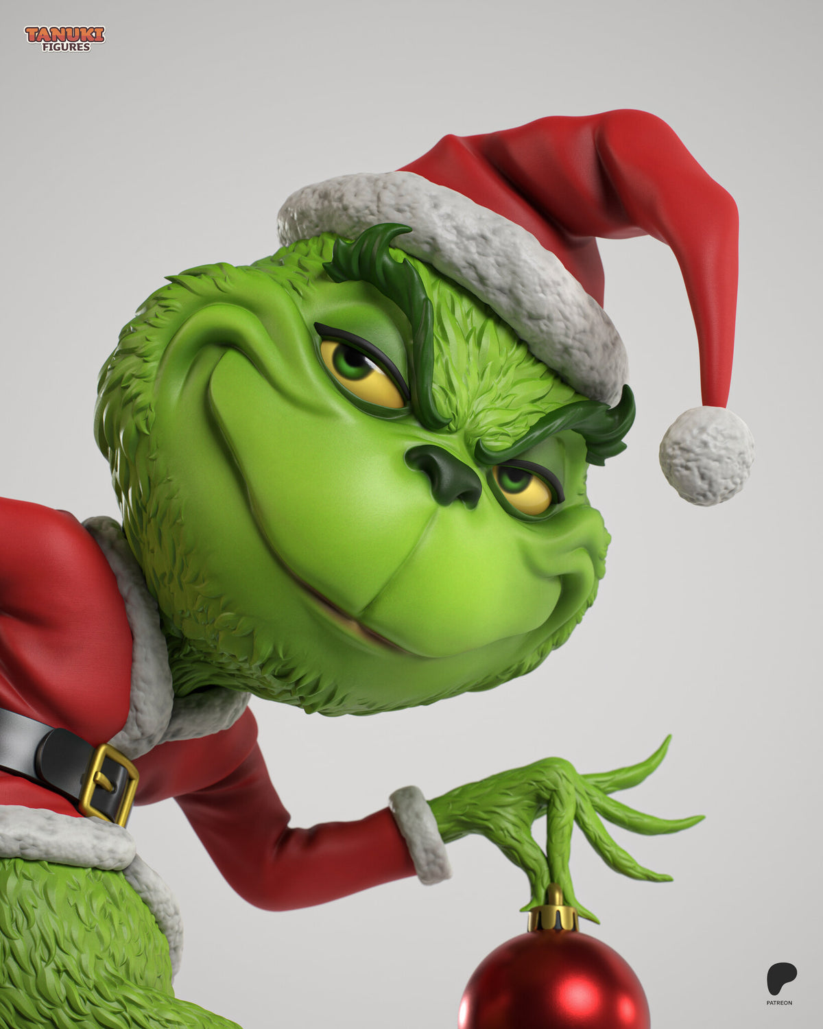 Sculptor's render (kit ships unpainted): close-up of the smirking face, the dark green eyebrows and the hand pinching the bauble by its gold cap