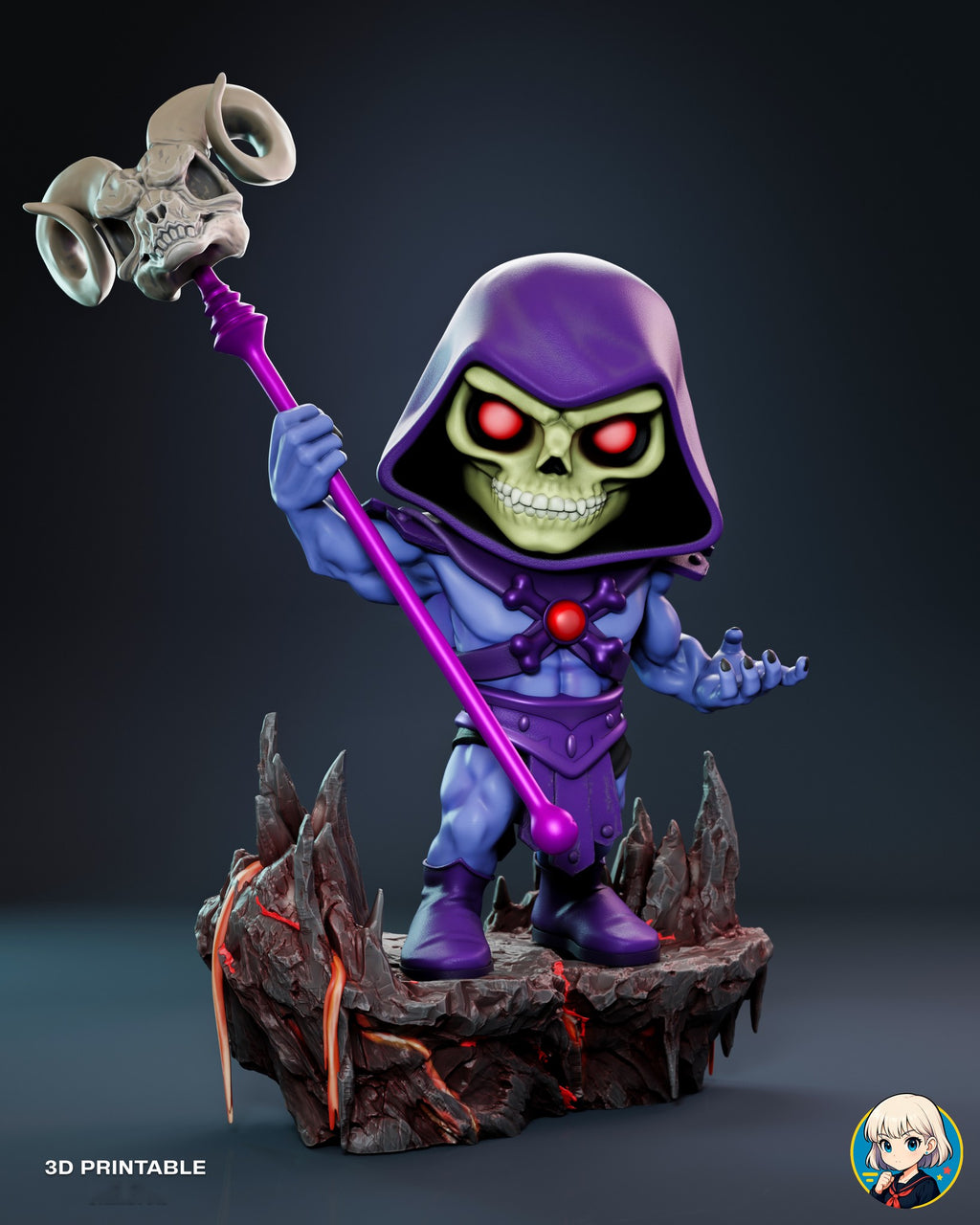 Sculptor's render of the painted design (kit ships unpainted): front view of the whole statue, the hooded skull-faced sorcerer raising his ram-skull staff on the spiked lava rock