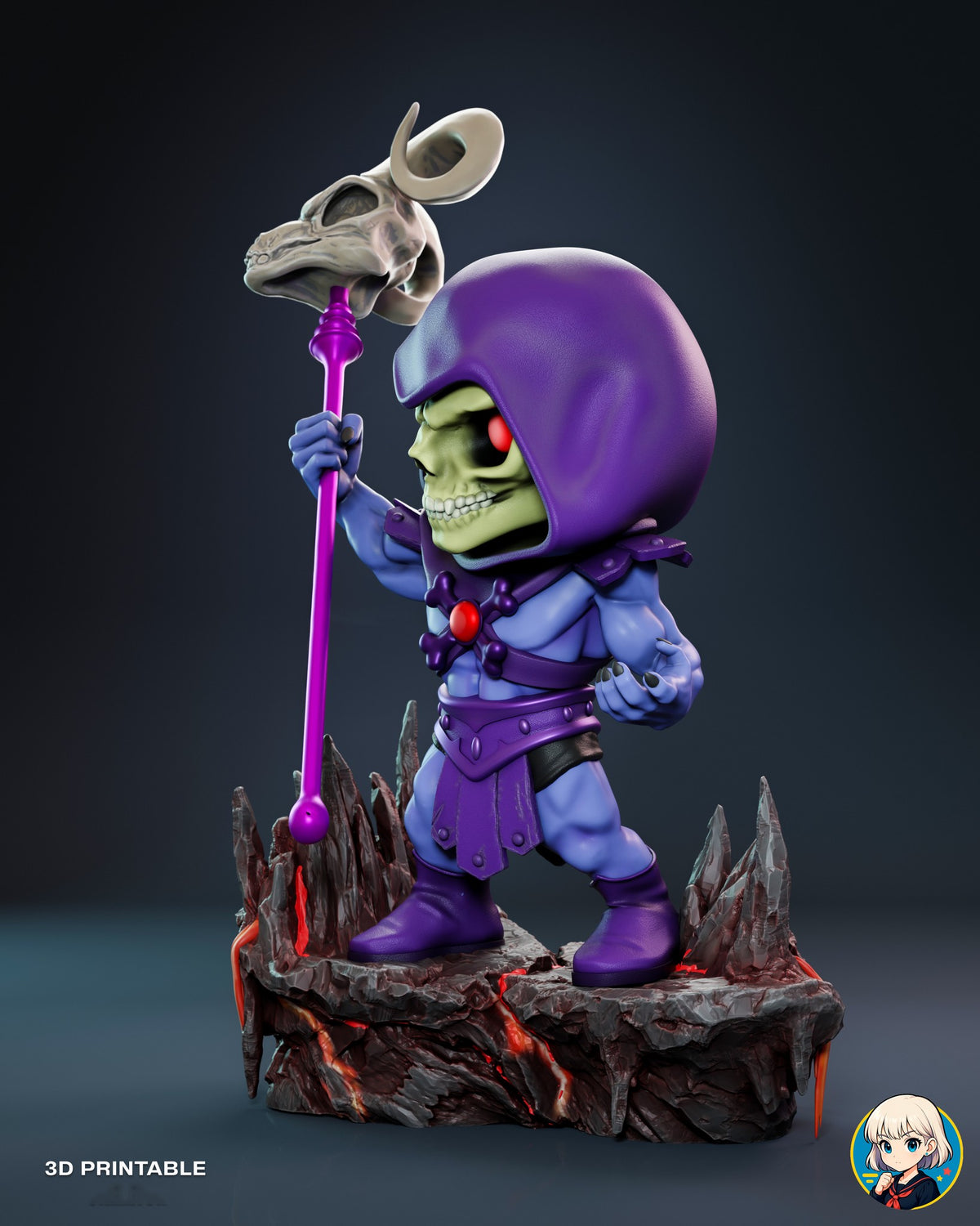 Sculptor's render (kit ships unpainted): side profile holding the staff upright, the skull face set deep inside the rounded hood