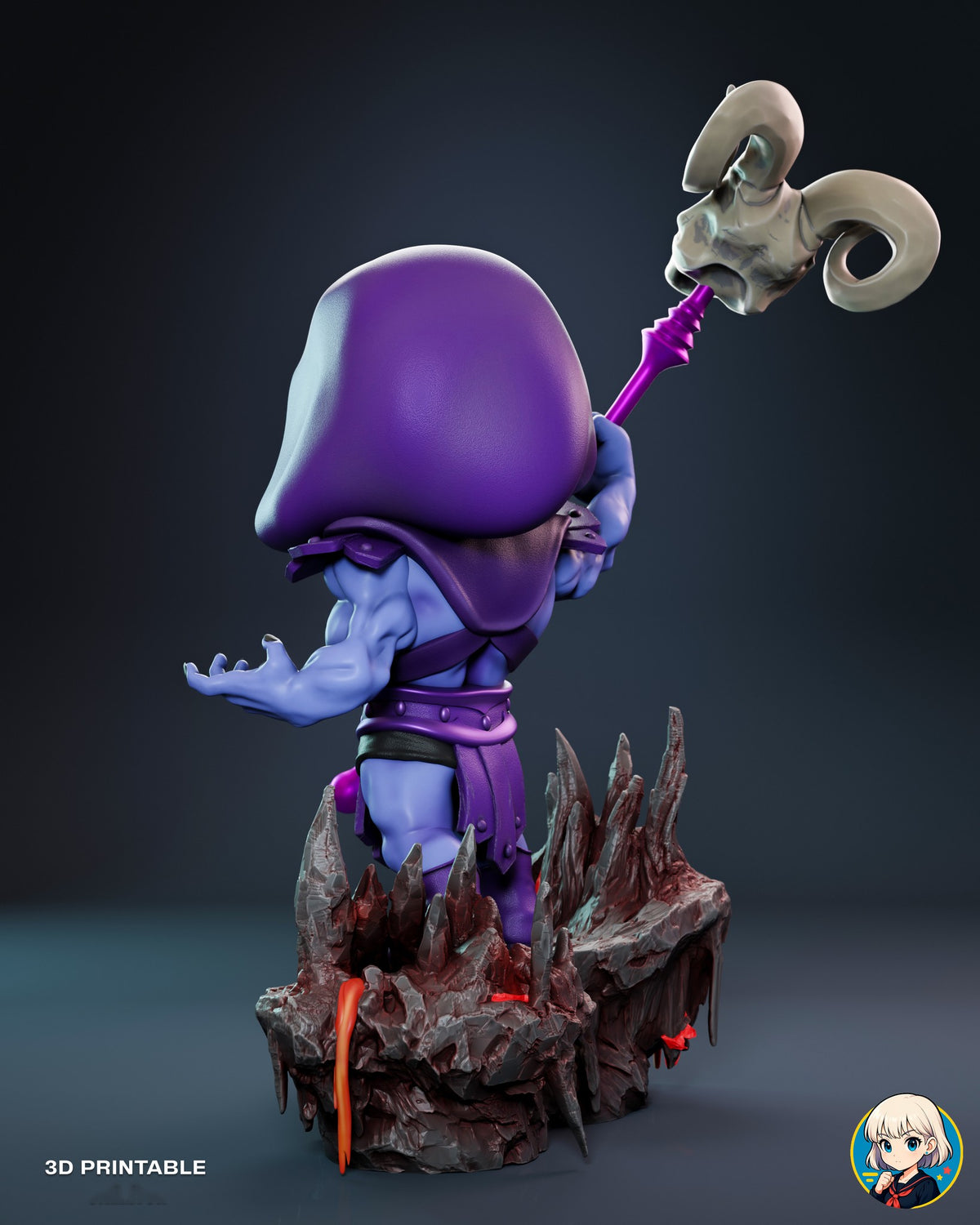 Sculptor's render (kit ships unpainted): back view of the hood and mantle, the harness strap and the staff raised over his shoulder