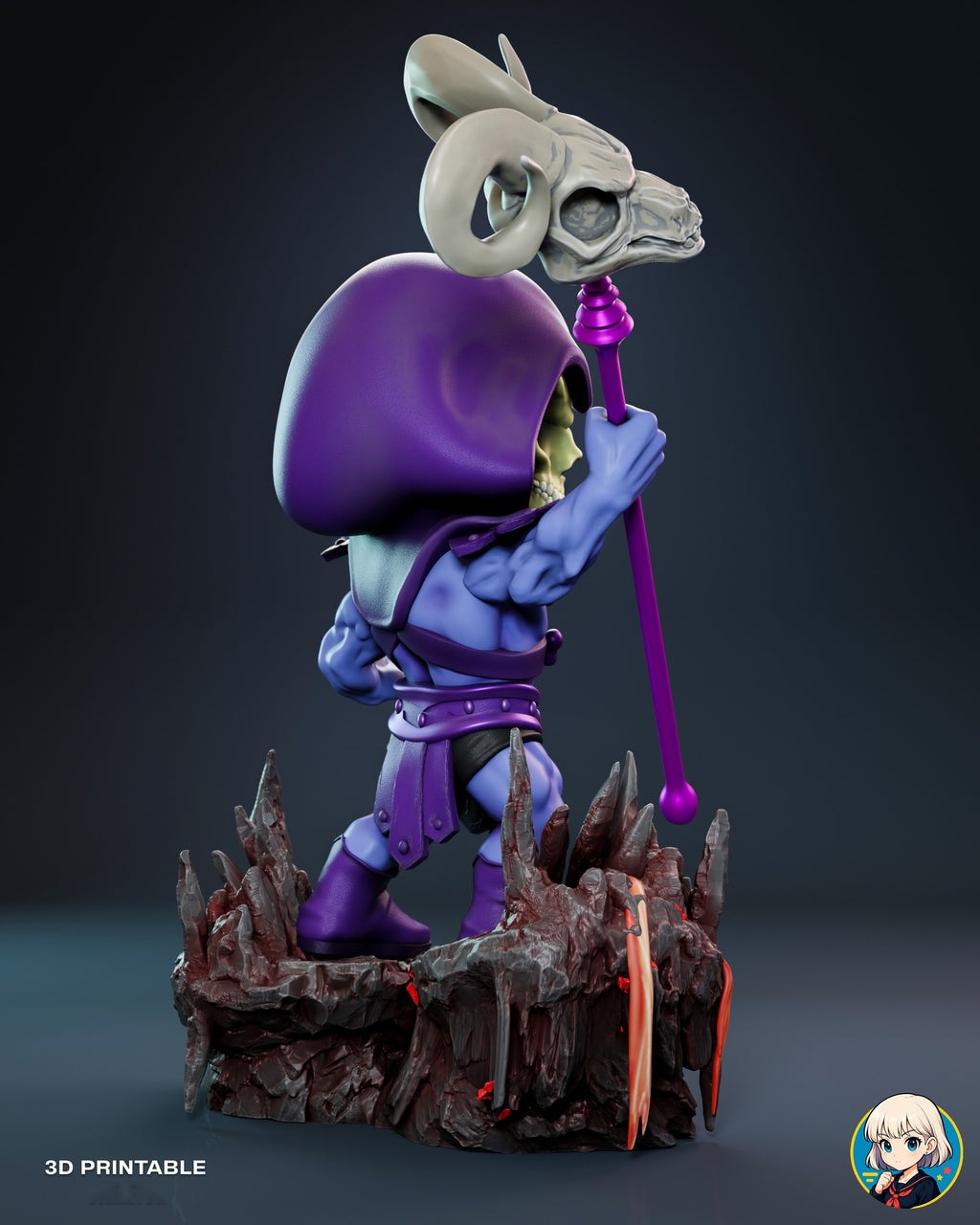 Sculptor's render (kit ships unpainted): rear three-quarter view from his right with the ram skull side-on and the long lava drip down the far corner